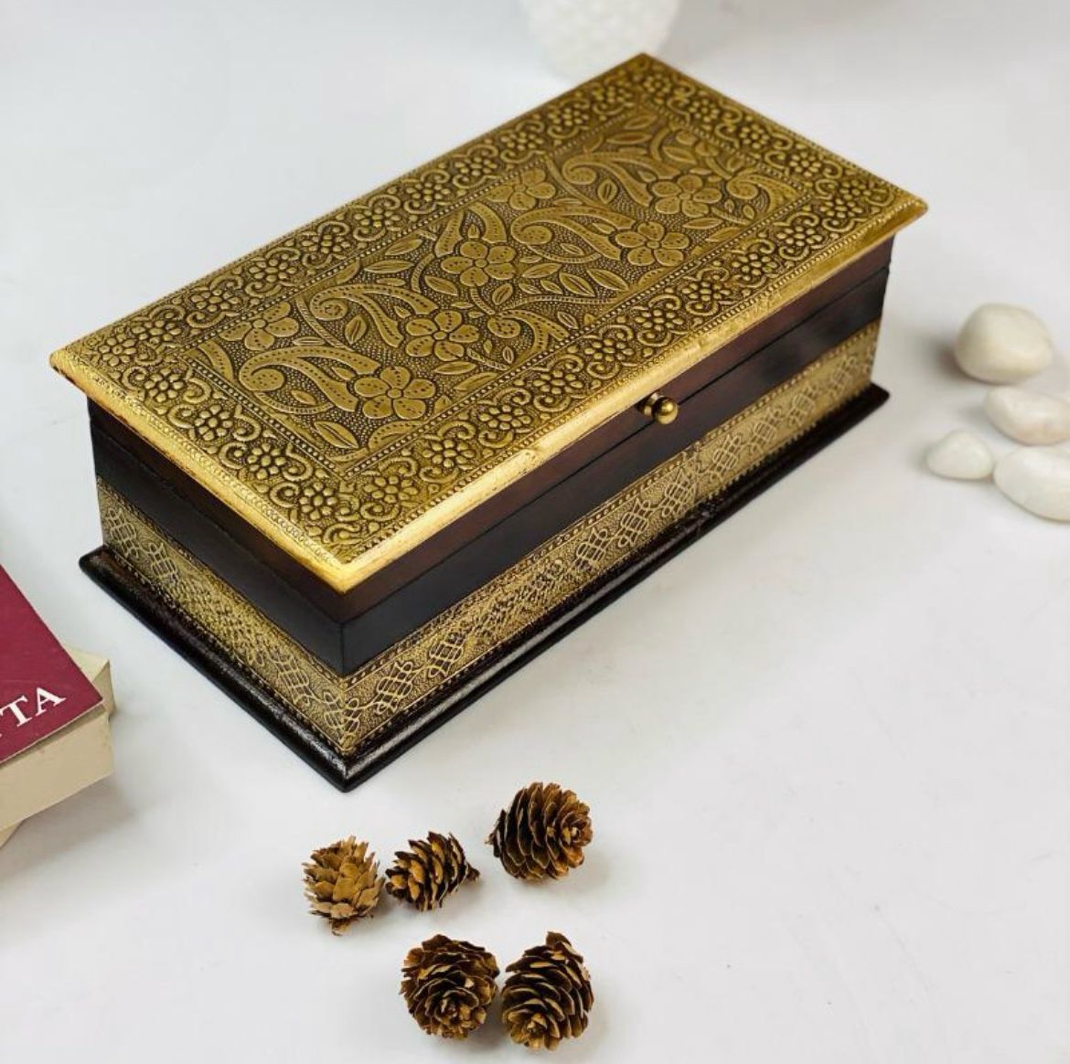 Ethnic Wood & Brass fitted dry fruits/ jewelry box