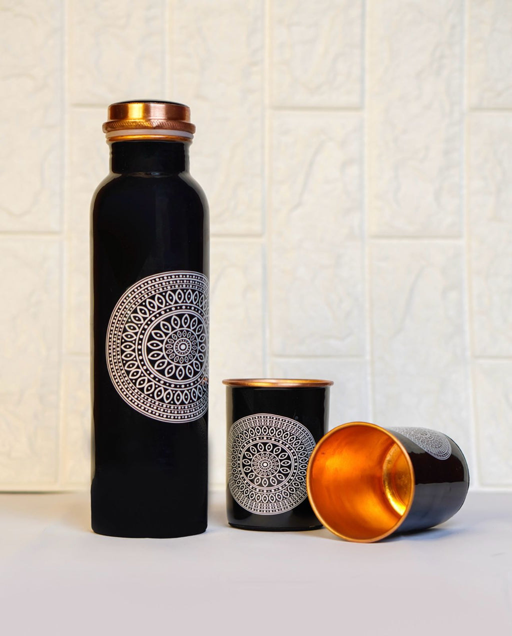 Pure Copper Water Bottle with 2 Copper Glasses (Black - Mandala Print )