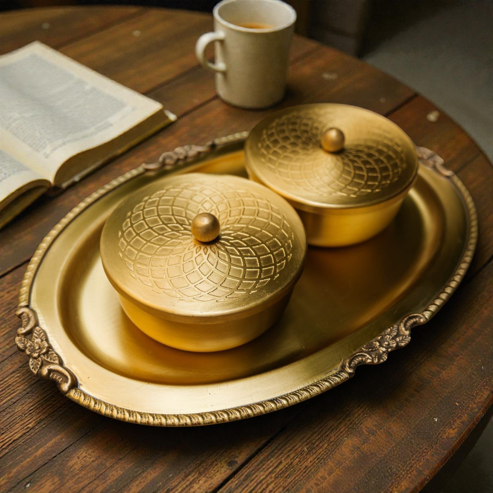 Fine Brass Refreshment Set (2 Bowls with Lid & Ornate Tray)