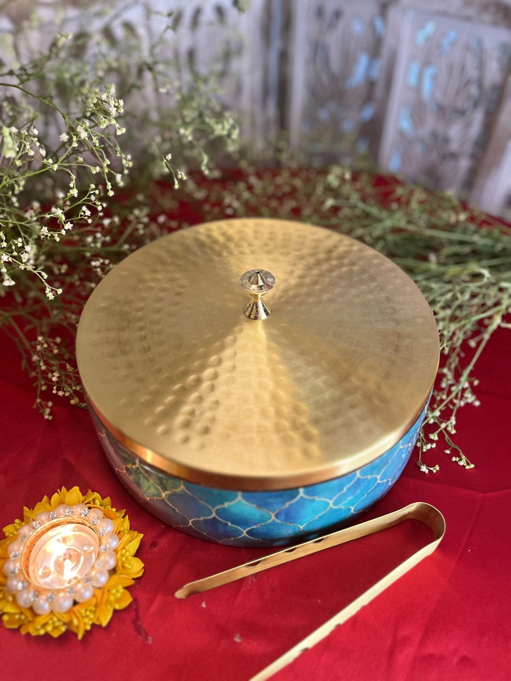 Fine Brass & Wood enamelled Roti Box (with Brass Tong)