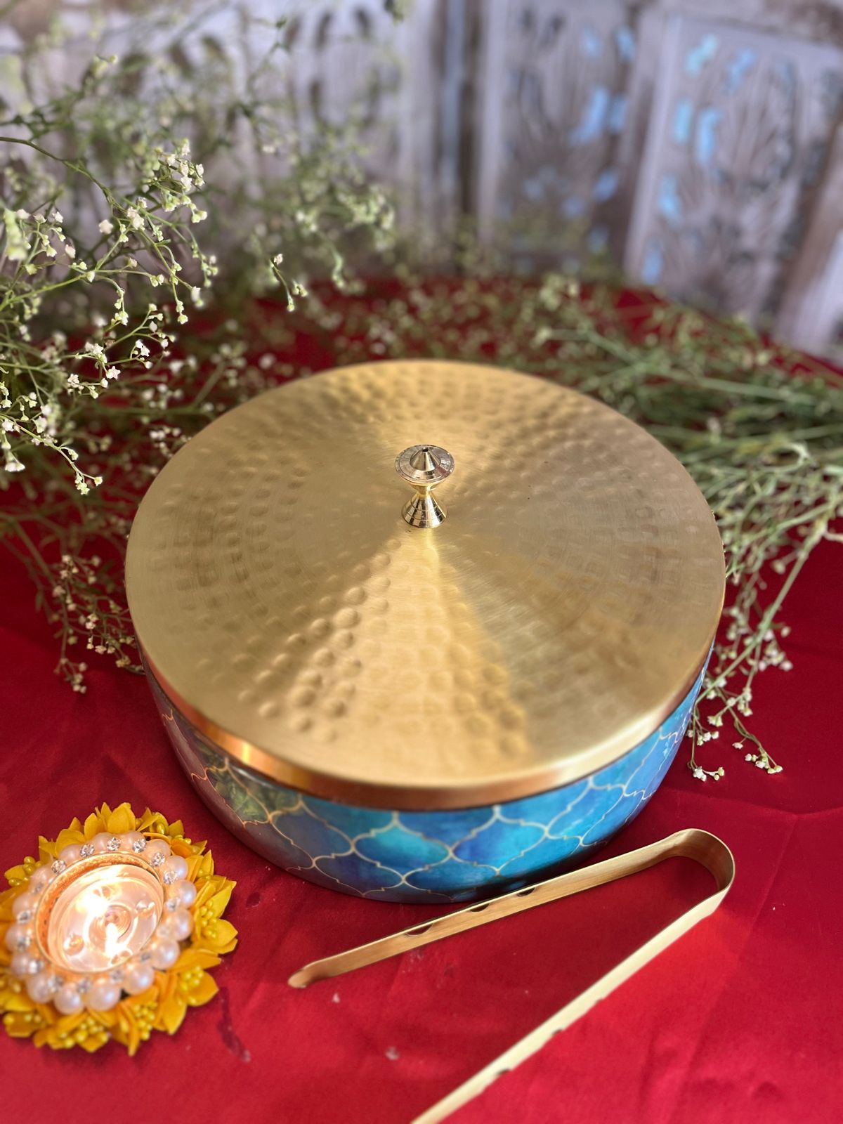 Fine Brass & Wood enamelled Roti Box (with Brass Tong)
