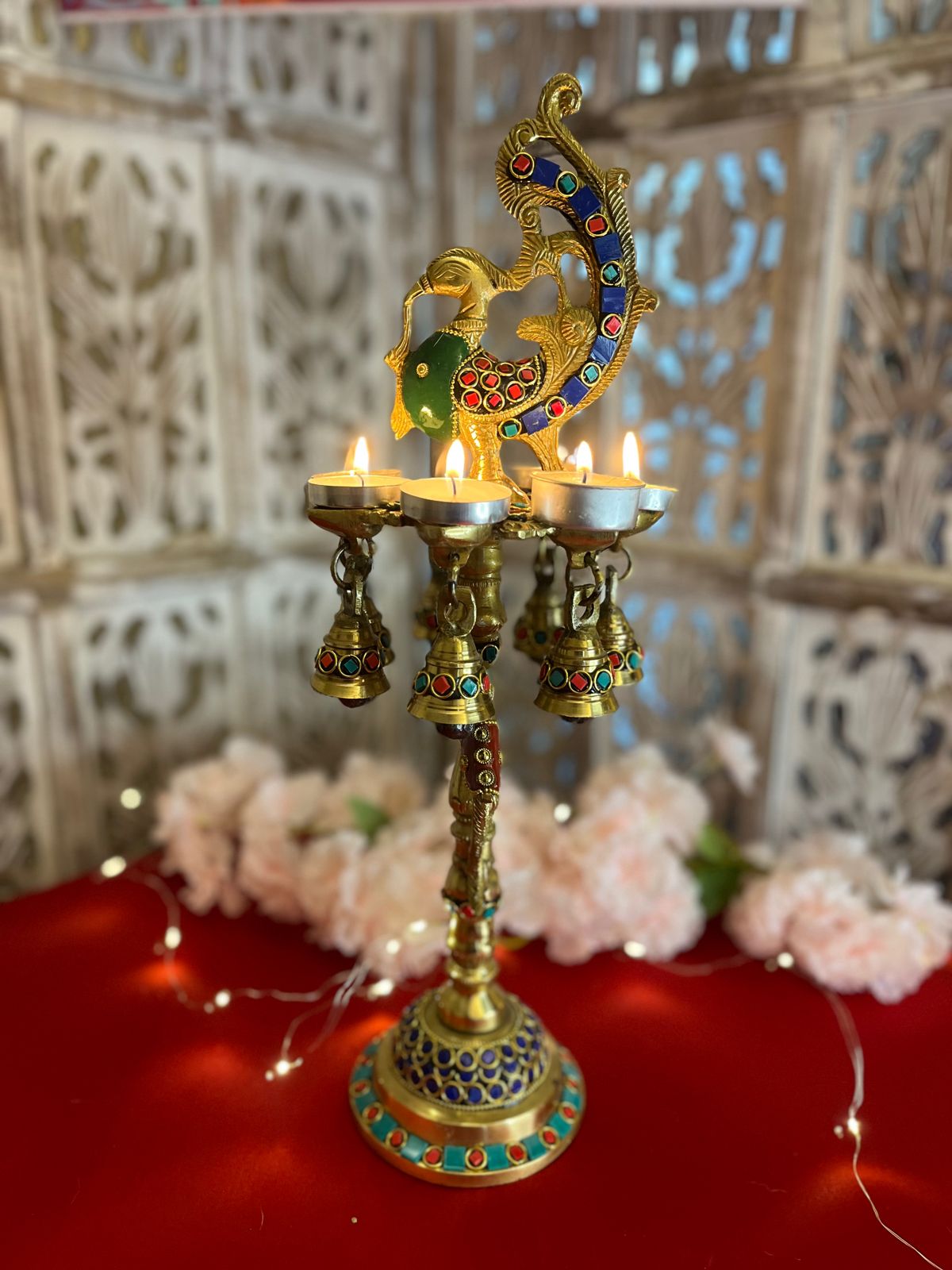 Brass stone studded Mayur Deepak ( tall )