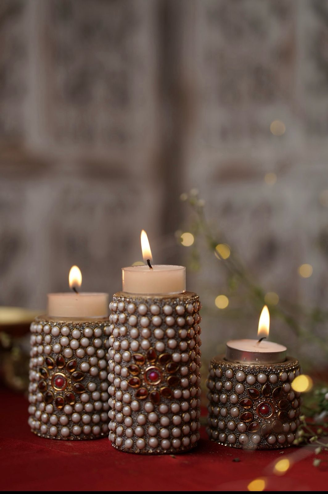 Gorgeous Pearl Pillar T lights ( set of 3)