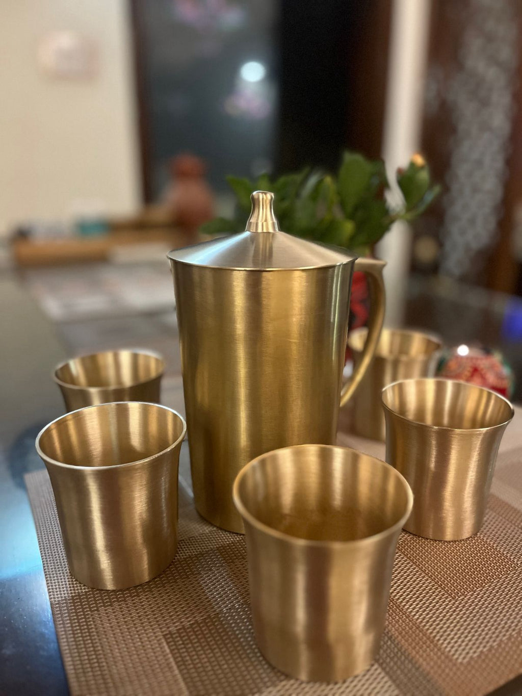 Fine Kansa Jug & 6 Glasses Set