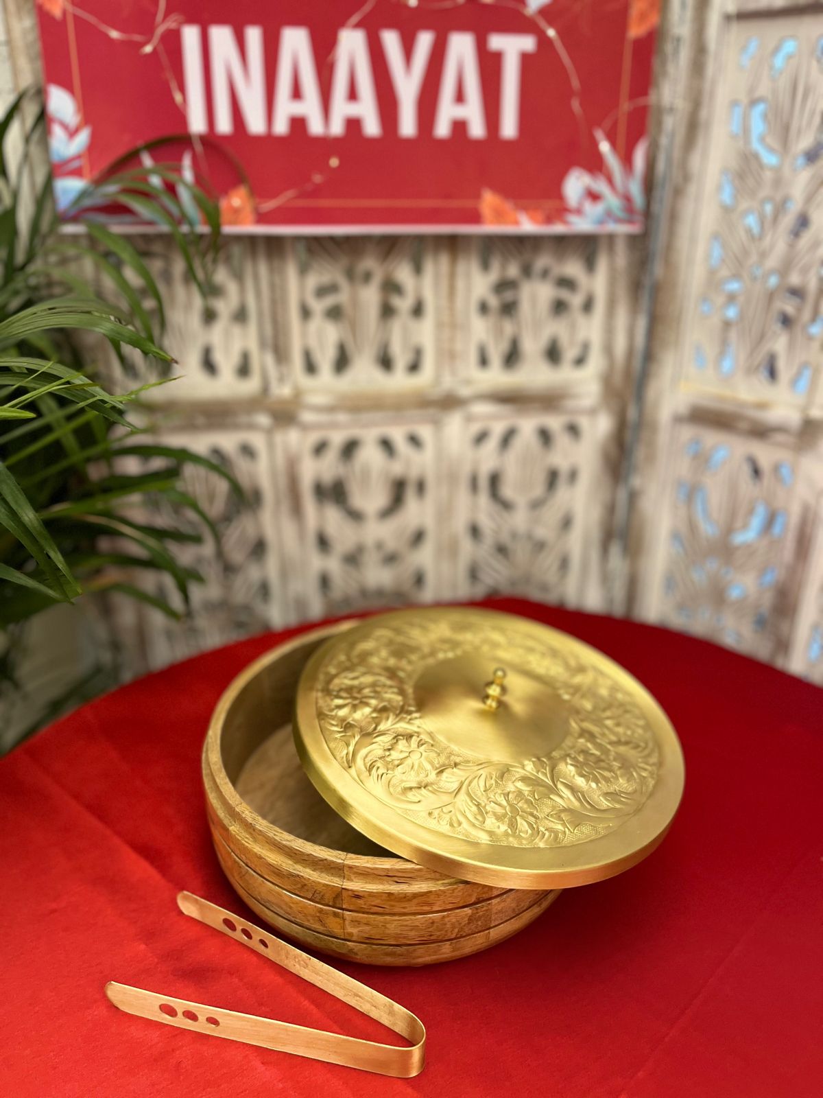 Brass & Wood handcrafted Roti box (with brass tongs)