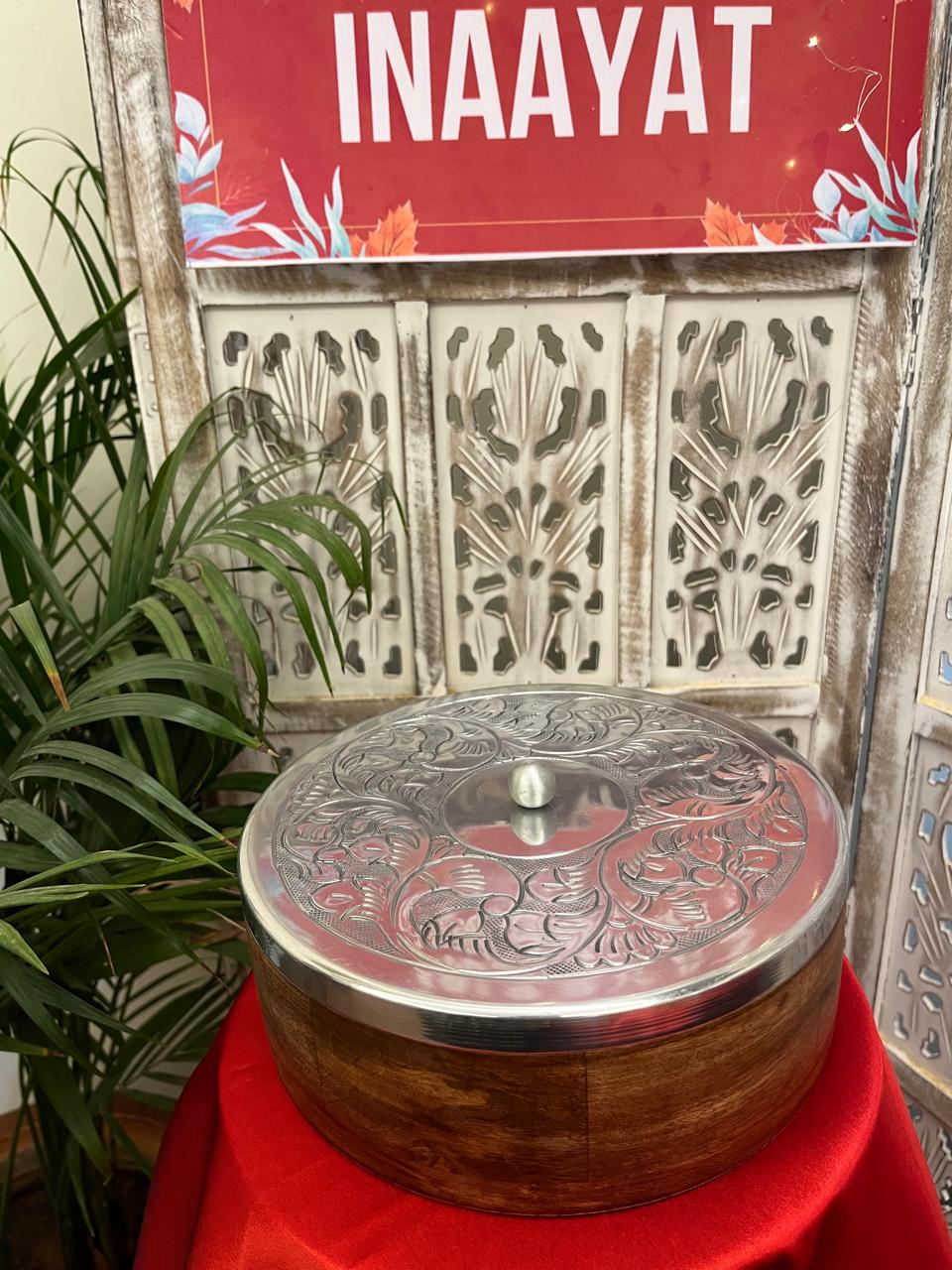 Fine wood & Metal top ( silver finish )Handcrafted Roti Box