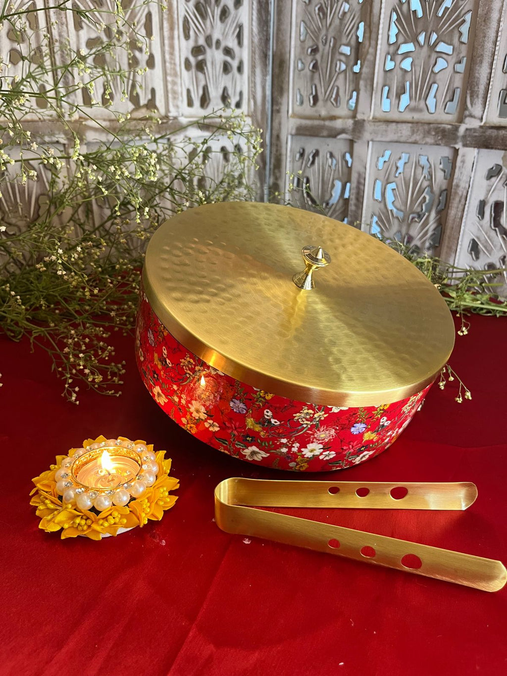 Fine Brass & Wood enamelled Roti Box (with Brass Tong)