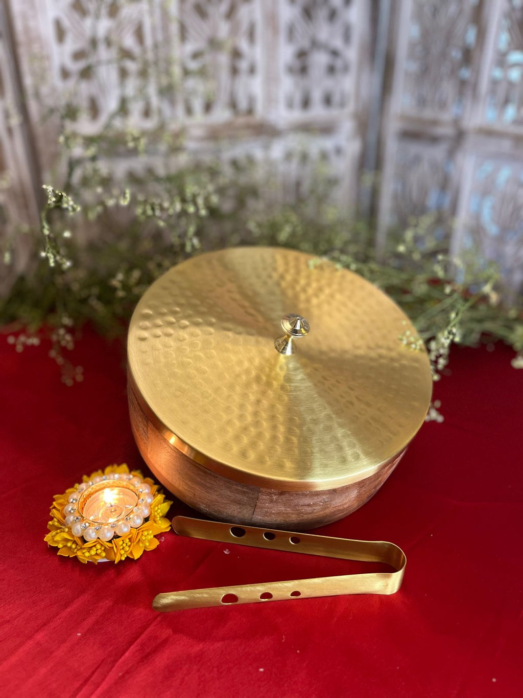 Fine Brass & Wood enamelled Roti Box (with Brass Tong)