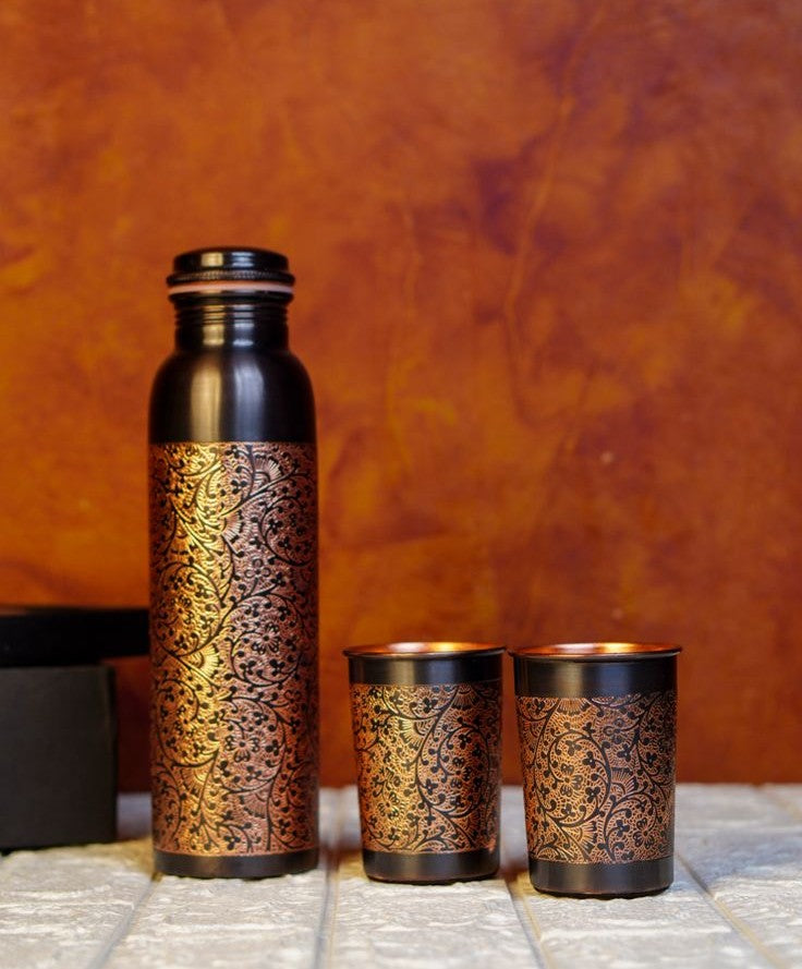 Pure Copper Water Bottle with 2 Copper Glasses (Black - Mandala Print )